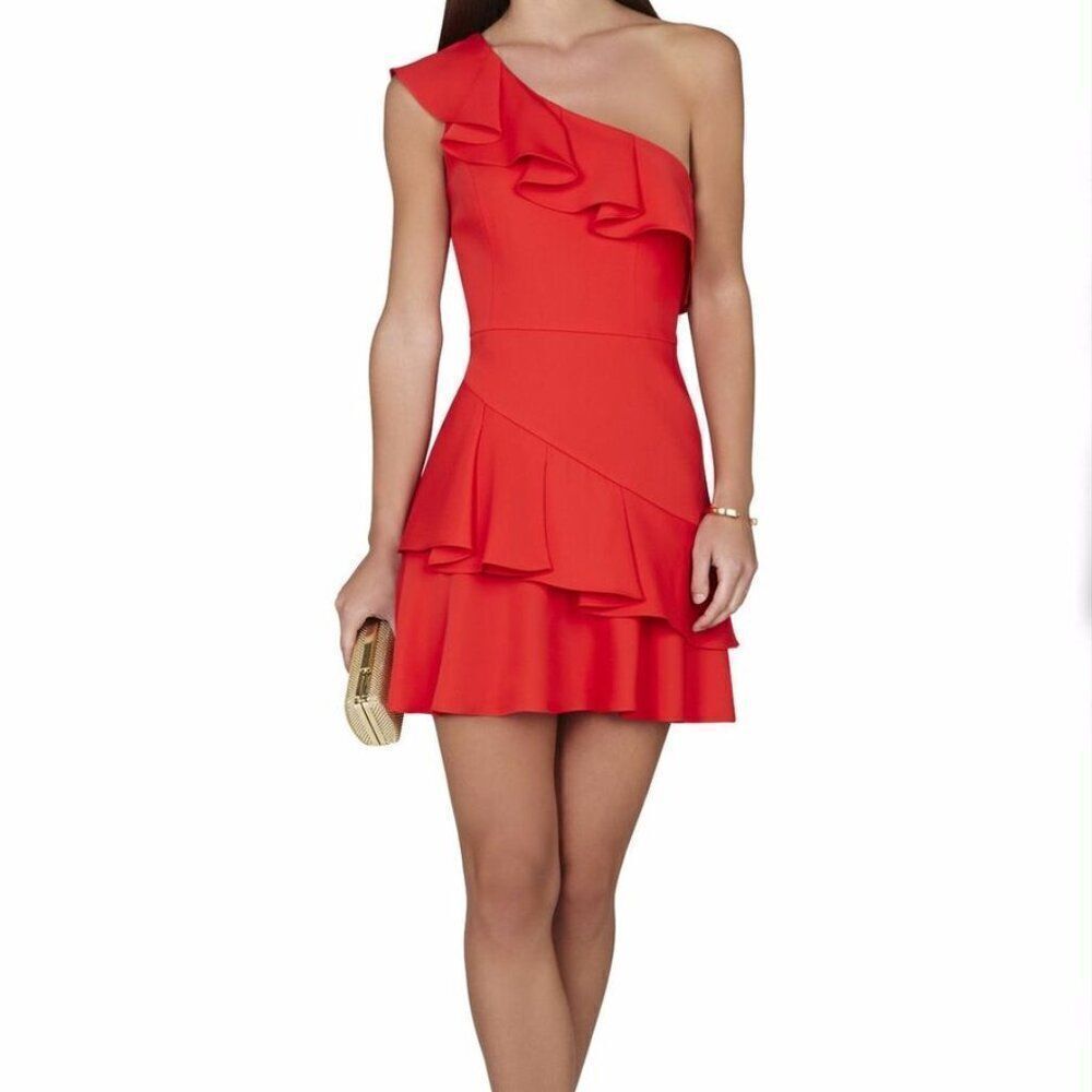 BCBGMAXAZRIA Red Calinda Ruffle One Shoulder Mini Dress Size 4